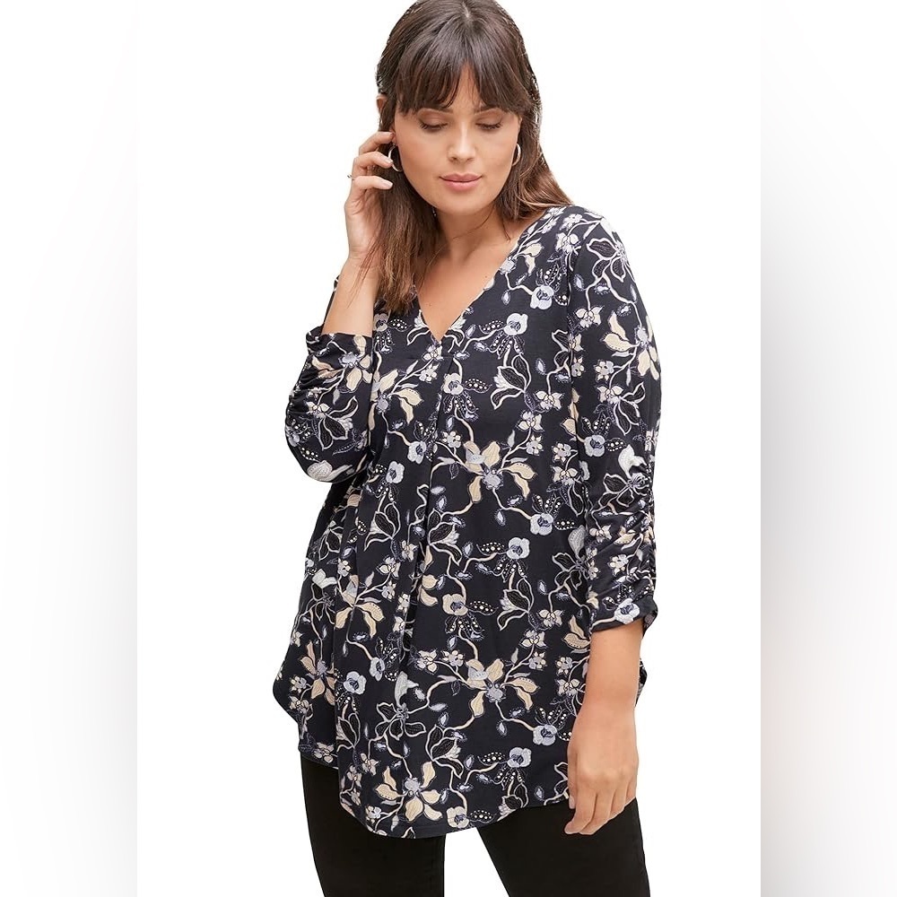 Ellos Plus Size Women's Inverted Front Pleat Black Blue Floral Tunic Sz 1X 22-24